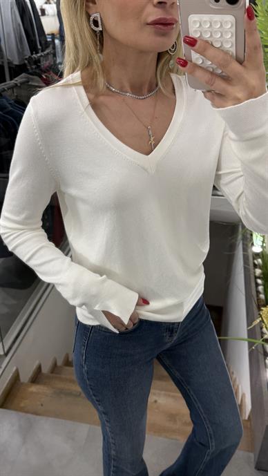 V Yaka Kolu Yırtmaçlı Dilvin Ekru Kazak