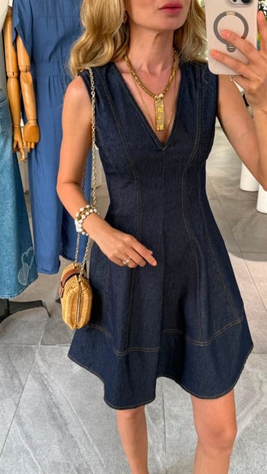 V Yaka Likralı Denim Elbise