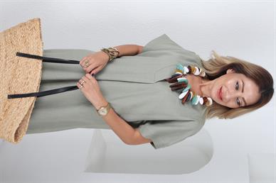 V Yaka Mint Renk Keten Elbise