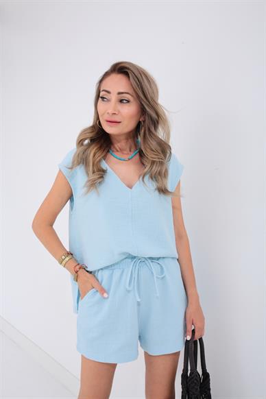 V Yaka Örme Bebe Mavi Şortlu Takım
