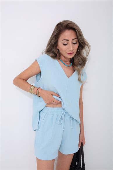 V Yaka Örme Bebe Mavi Şortlu Takım