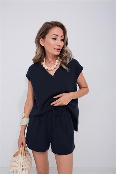 V Yaka Örme Lacivert Şortlu Takım