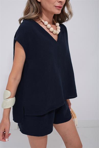 V Yaka Örme Lacivert Şortlu Takım