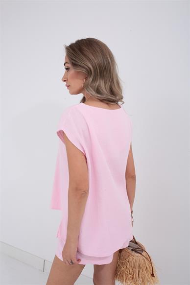 V Yaka Örme Şeker Pembe Şortlu Takım