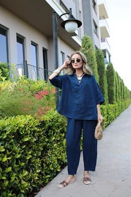 V Yaka Şalvar Kesim Lacivert Keten Takım