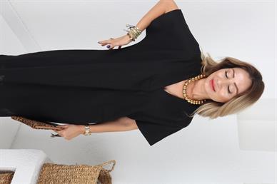 V Yaka Siyah Keten Elbise