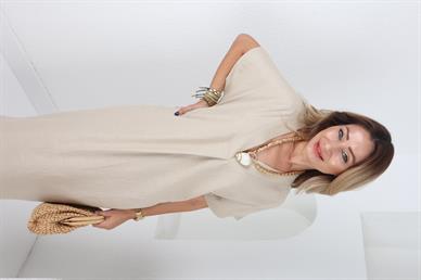 V Yaka Taş Renk Keten Elbise