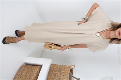 V Yaka Taş Renk Keten Elbise