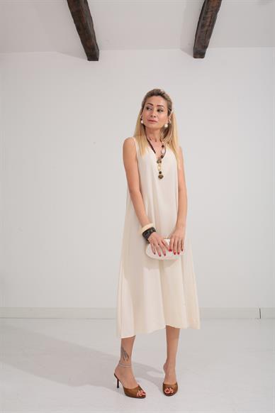 V Yaka Uzun Ekru Elbise