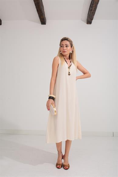 V Yaka Uzun Ekru Elbise