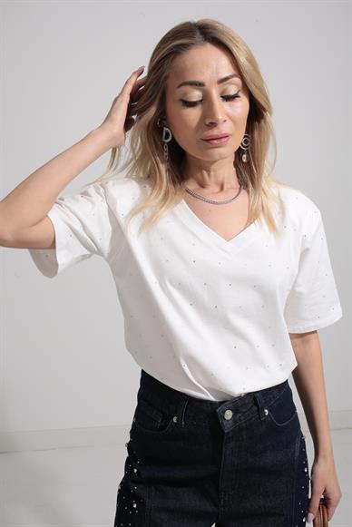 V Yaka Vatkalı Taşlı Beyaz Tshirt