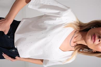 V Yaka Vatkalı Taşlı Beyaz Tshirt