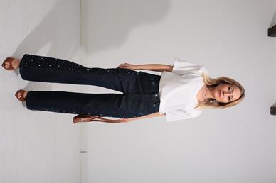 V Yaka Vatkalı Taşlı Beyaz Tshirt