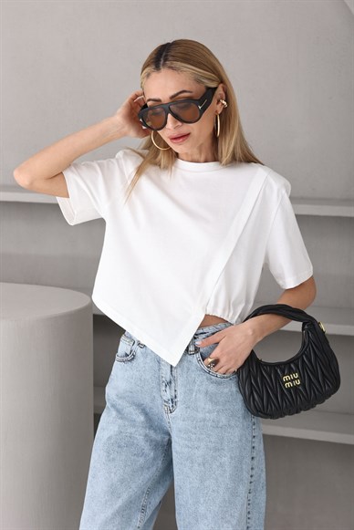 Vatkalı Yandan Büzgülü Crop Tshirt