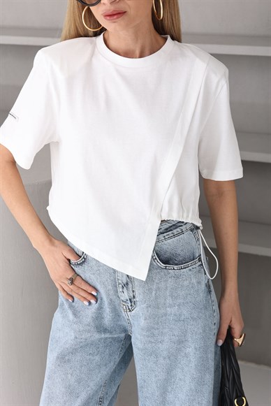 Vatkalı Yandan Büzgülü Crop Tshirt