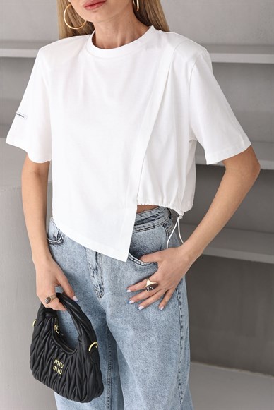Vatkalı Yandan Büzgülü Crop Tshirt