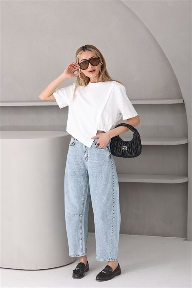 Vatkalı Yandan Büzgülü Crop Tshirt