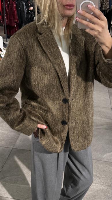 Vizon Tüylü Çift Düğme Blazer Ceket