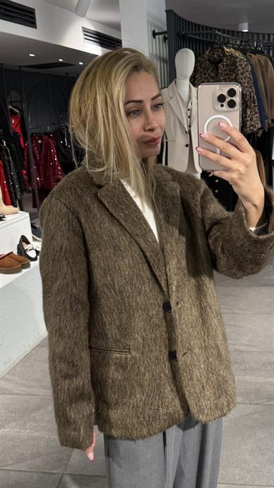 Vizon Tüylü Çift Düğme Blazer Ceket