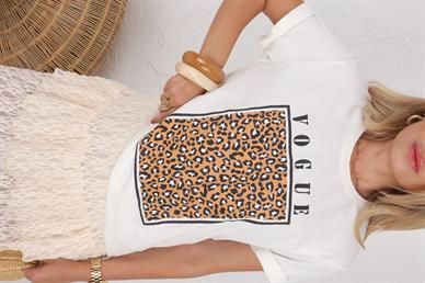 Vouge Baskılı Leopar desen Ekru Tshirt
