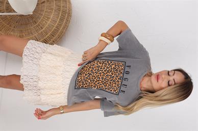 Vouge Baskılı Leopar desen Gri Tshirt