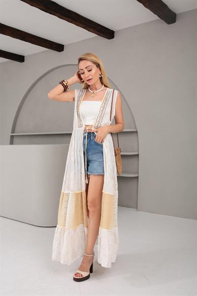 Yakası Boncuk İşli Gold Detay Bağcıklı Kimono