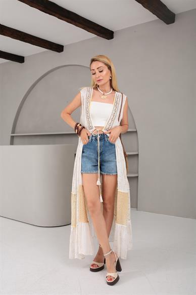 Yakası Boncuk İşli Gold Detay Bağcıklı Kimono