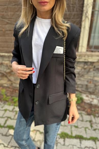 Yakası Etiket Detay Siyah Blazer Ceket