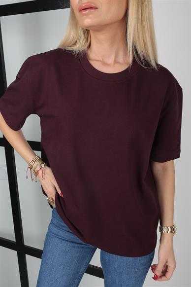 Yakası Fitilli Mürdüm Oversize Tshirt