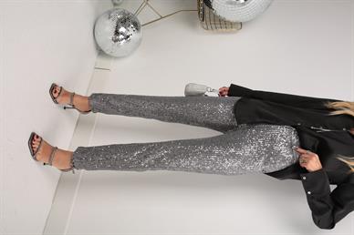 Yan Cepli Gri Payetli Pantolon