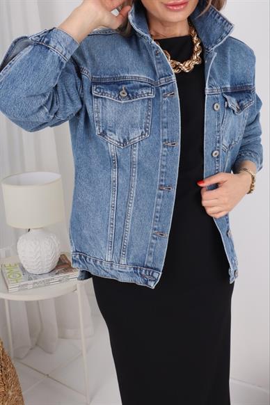 Yanı Yırtmaçlı Mavi Denim Ceket