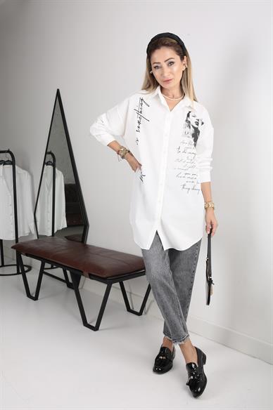 Yazı Baskılı Oversize Ekru Gömlek