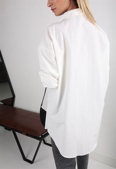 Yazı Baskılı Oversize Ekru Gömlek