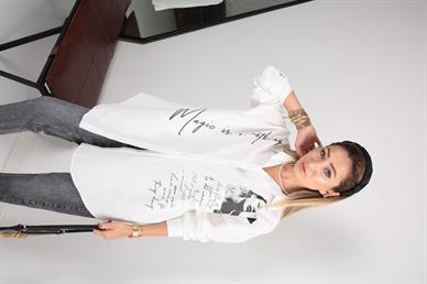 Yazı Baskılı Oversize Ekru Gömlek