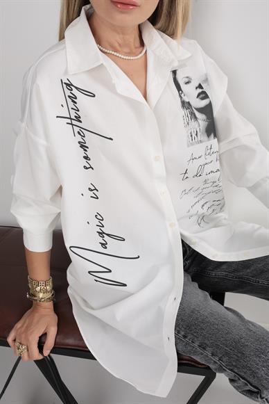 Yazı Baskılı Oversize Ekru Gömlek