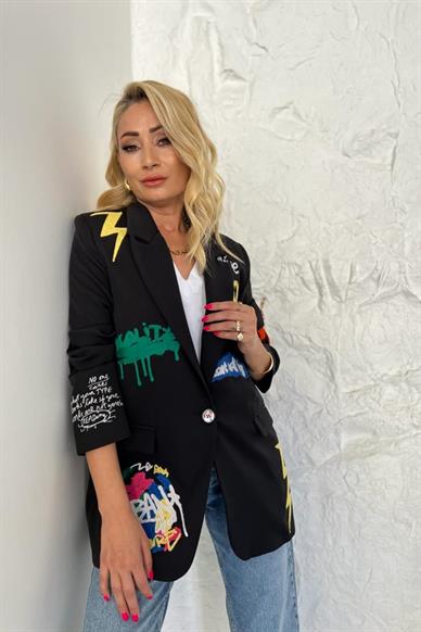 Yazı Baskılı Siyah Blazer Ceket