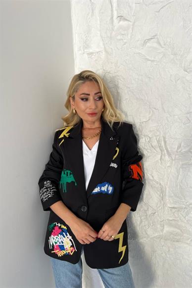 Yazı Baskılı Siyah Blazer Ceket