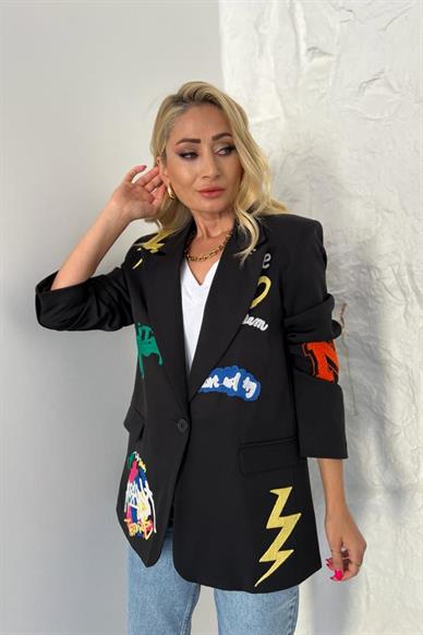 Yazı Baskılı Siyah Blazer Ceket