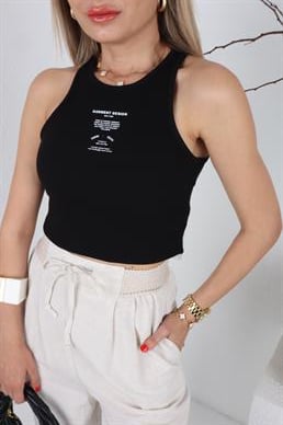 Yazı Detaylı Siyah Fitilli Atlet