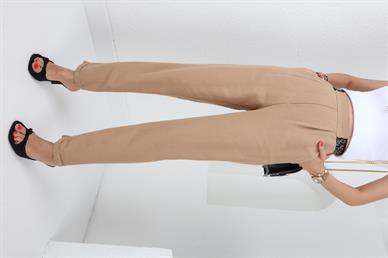 Yazı Lastik Kemerli Camel Keten Pantolon