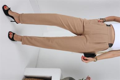 Yazı Lastik Kemerli Camel Keten Pantolon