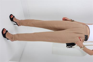 Yazı Lastik Kemerli Camel Keten Pantolon