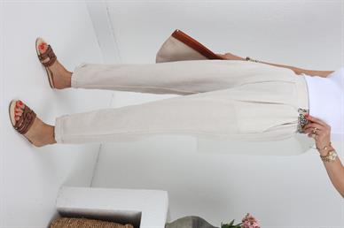 Yazı Lastik Kemerli Naturel Keten Pantolon