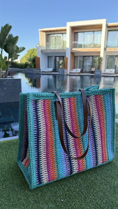Yeşil Karışık Renkli İthal Hasır Çanta