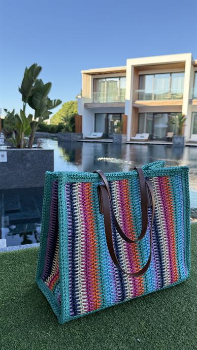 Yeşil Karışık Renkli İthal Hasır Çanta