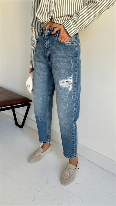 Yırtık Detay Taşlamalı Mom Jean