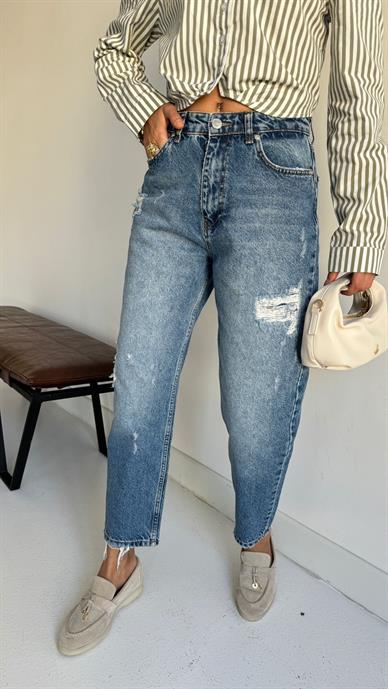 Yırtık Detay Taşlamalı Mom Jean