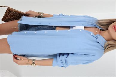 Yırtmaçlı Mavi Keten Gömlek