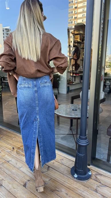 Yırtmaçlı Önden Düğmeli Uzun Denim Etek