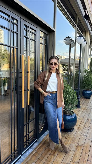 Yırtmaçlı Önden Düğmeli Uzun Denim Etek